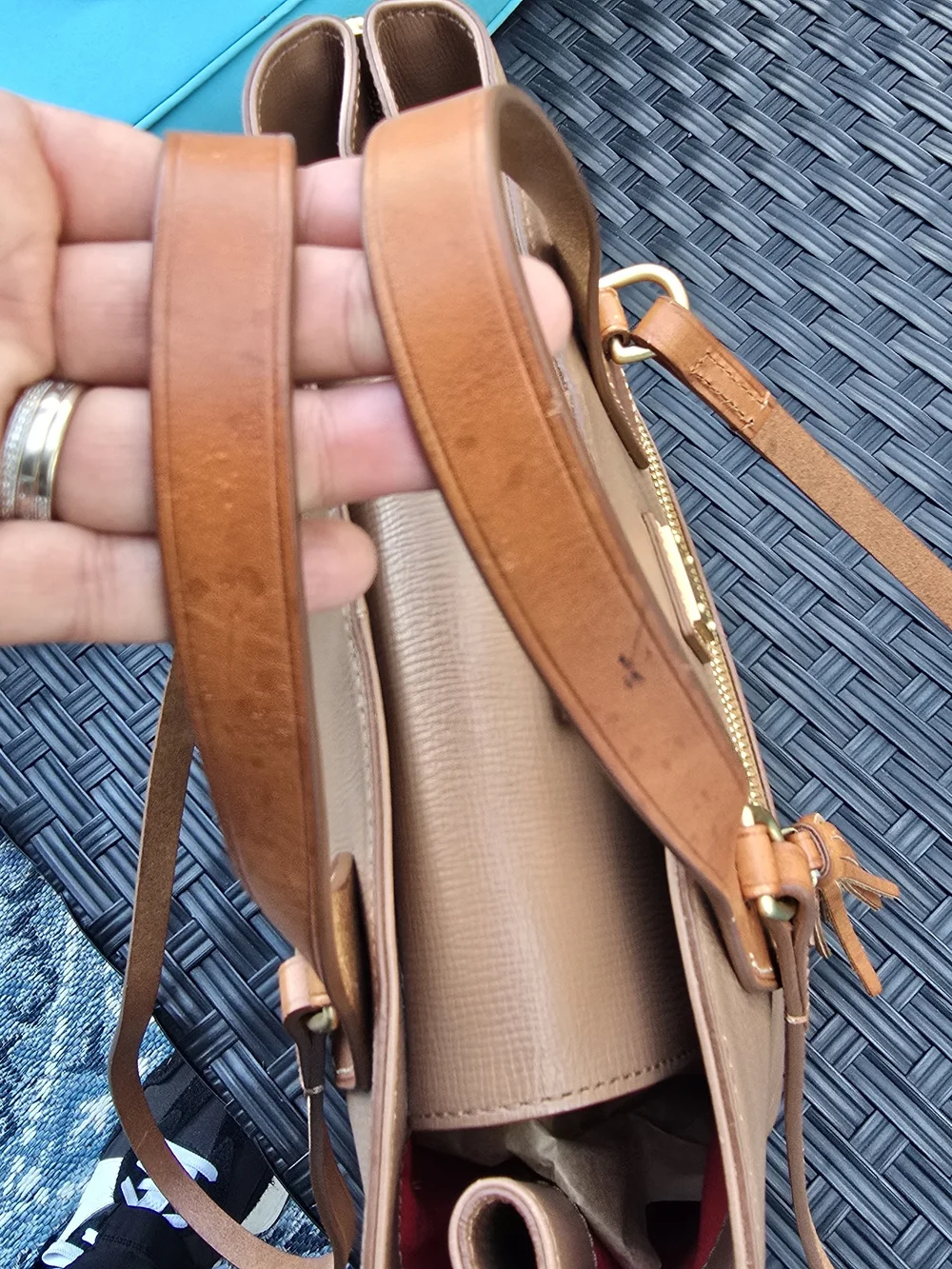 Dooney & Bourke Brown Leather Tote with Tan Trim and Tassel